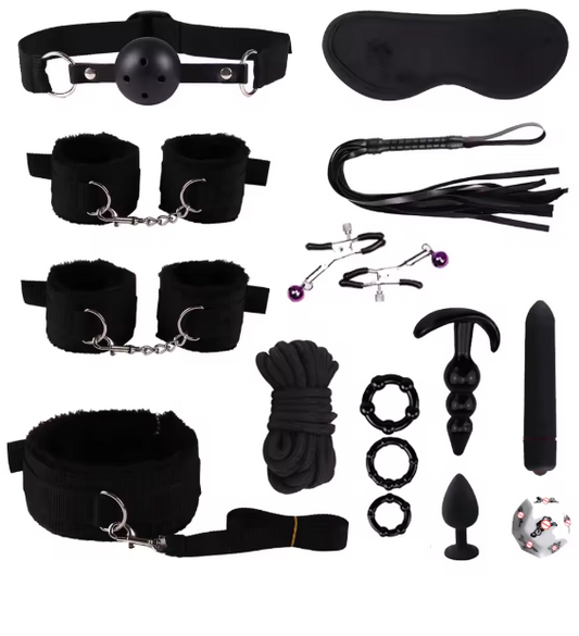 Accesoires BDSM, bande de yeux, menottes mains et pieds, fouet, pinces tétons, menotte cou, serre bouche, gode 3 sensation, anneau anal